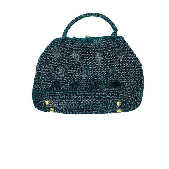 Vintage 1950s Black Raffia Purse Top Handle Large Handbag - Picture 4 of 6